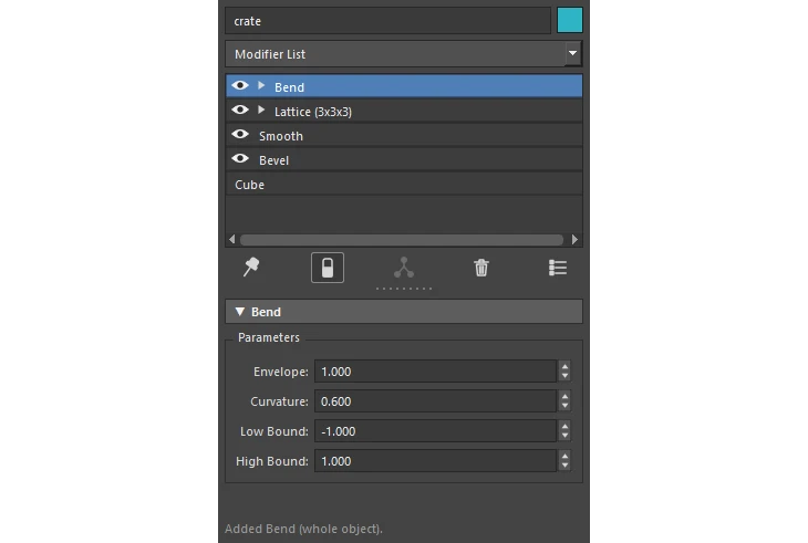 Modifier Stackのパネル。Bend・Lattice・Smooth・Bevel・Cubeの順にスタックが並び、下にBendのパラメータがある