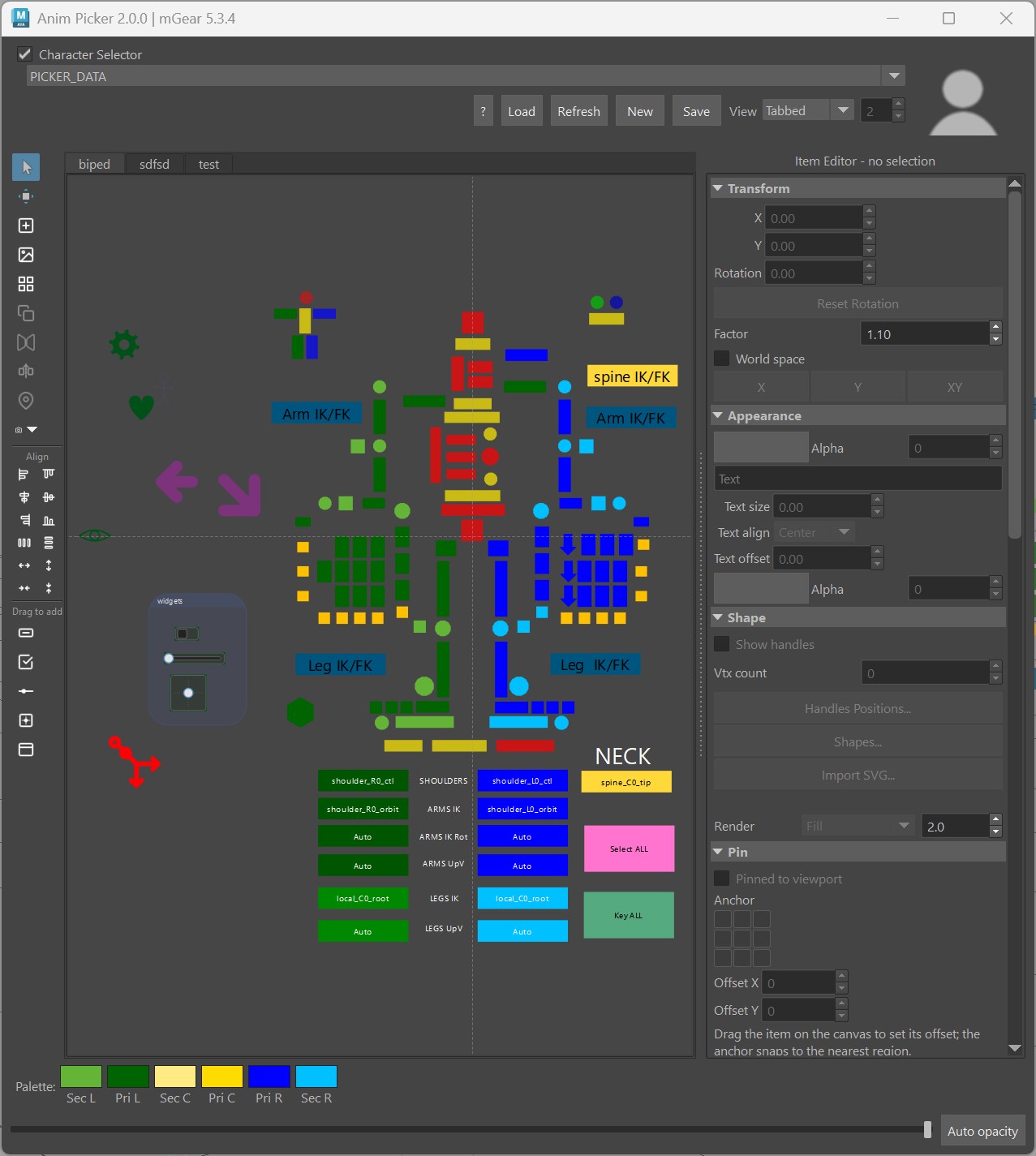 体の各部位を色分けしたボタンが並ぶAnim Picker 2.0のエディター画面(画像: mGear)