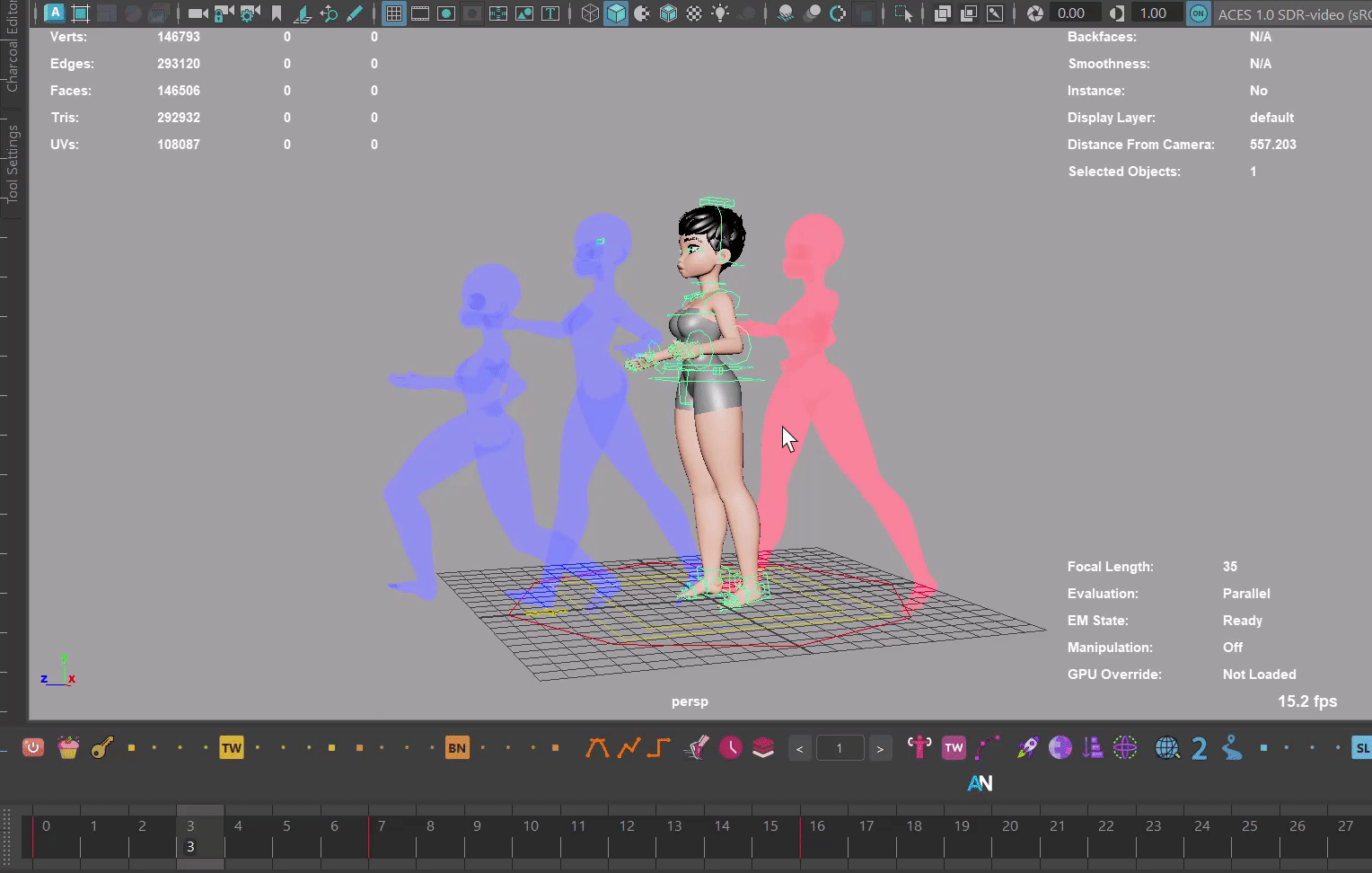 キャラクターのキーフレームごとに青と赤の半透明のゴーストが並び、キーを動かすと追従するアニメーション(画像: mGear)