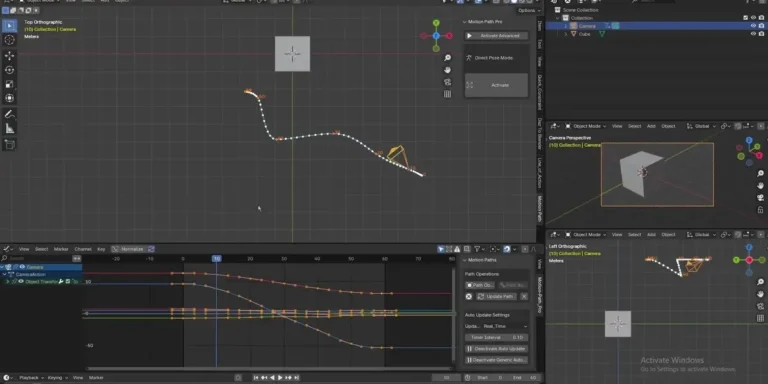 立方体のモーションパスを3Dビューに表示し、右側に別の視点の画面を並べたデモ画面