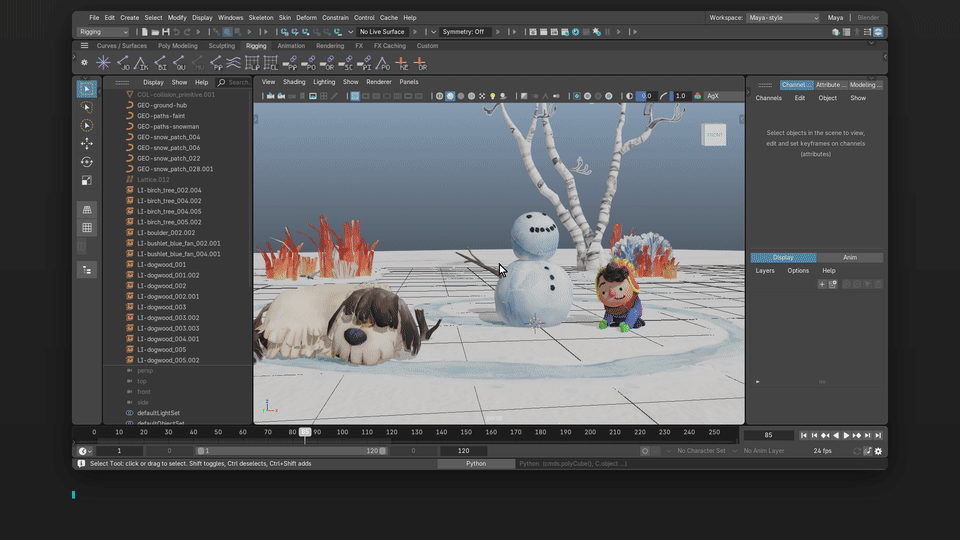 上のバーのスイッチでMaya風の画面と標準のBlenderの画面を切り替える様子