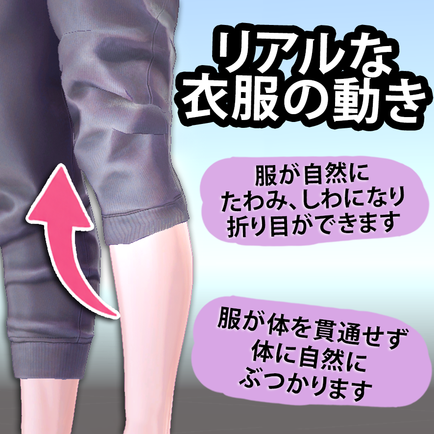グレーのズボンの裾がめくれ上がった脚のアップと、「リアルな衣服の動き」「服が体を貫通せず体に自然にぶつかります」の文字