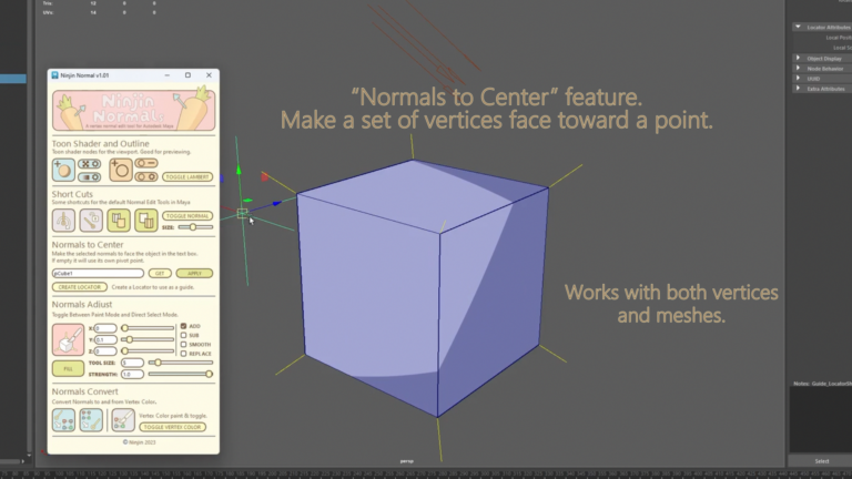 Mayaの画面。左にNinjin Normal v1.01のウィンドウ、右にロケーターを基準に法線の向きをそろえた立方体