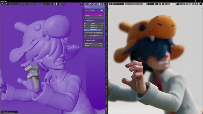 ピント面を動かすと、右のレンダー表示でキャラクターのボケ方が変わるデモ