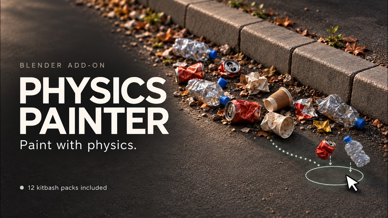 PHYSICS PAINTERの文字と、道路の縁石沿いに散らばった空き缶・ペットボトル・紙コップ