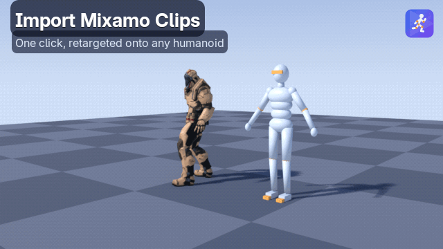 Mixamoのクリップを読み込み、別の人型キャラクターにリターゲットして動かす様子