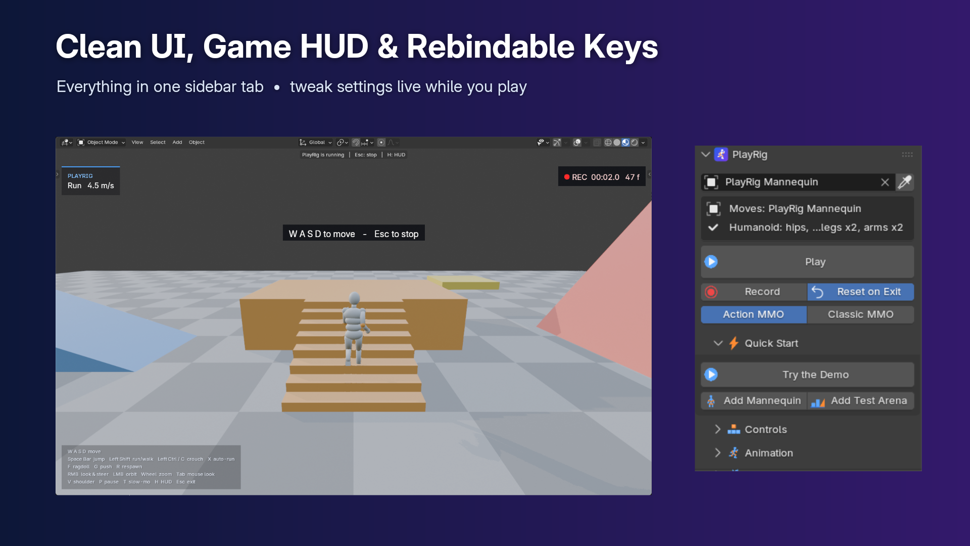 PlayRigのサイドバーとビューポートのHUD。RecordやAction MMO・Classic MMOのボタンが並ぶ
