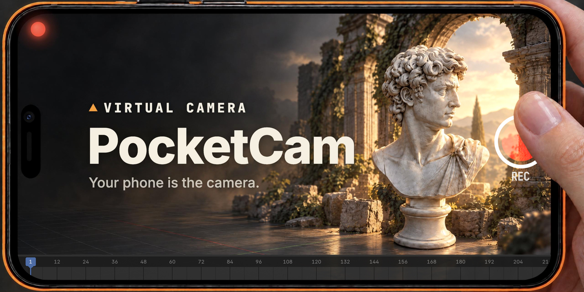 スマホの画面にPocketCamのロゴと胸像のシーンが映る告知画像