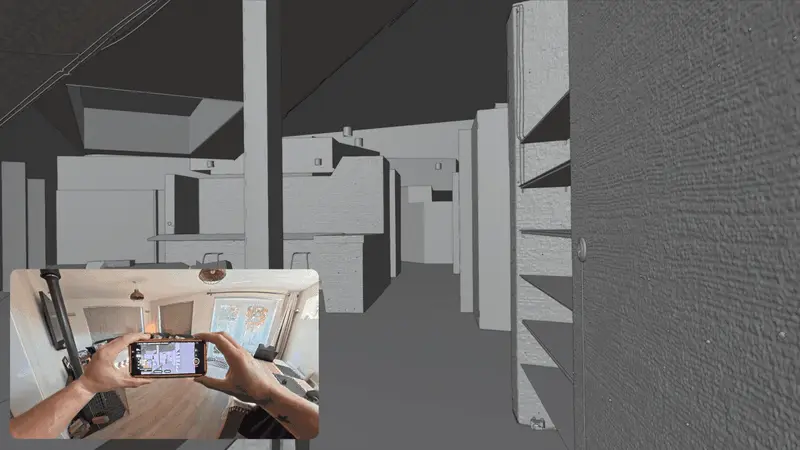 部屋の中をスマホを持って歩くと、グレーの室内シーンの中をカメラが進む様子（画像: Lewis Martin）