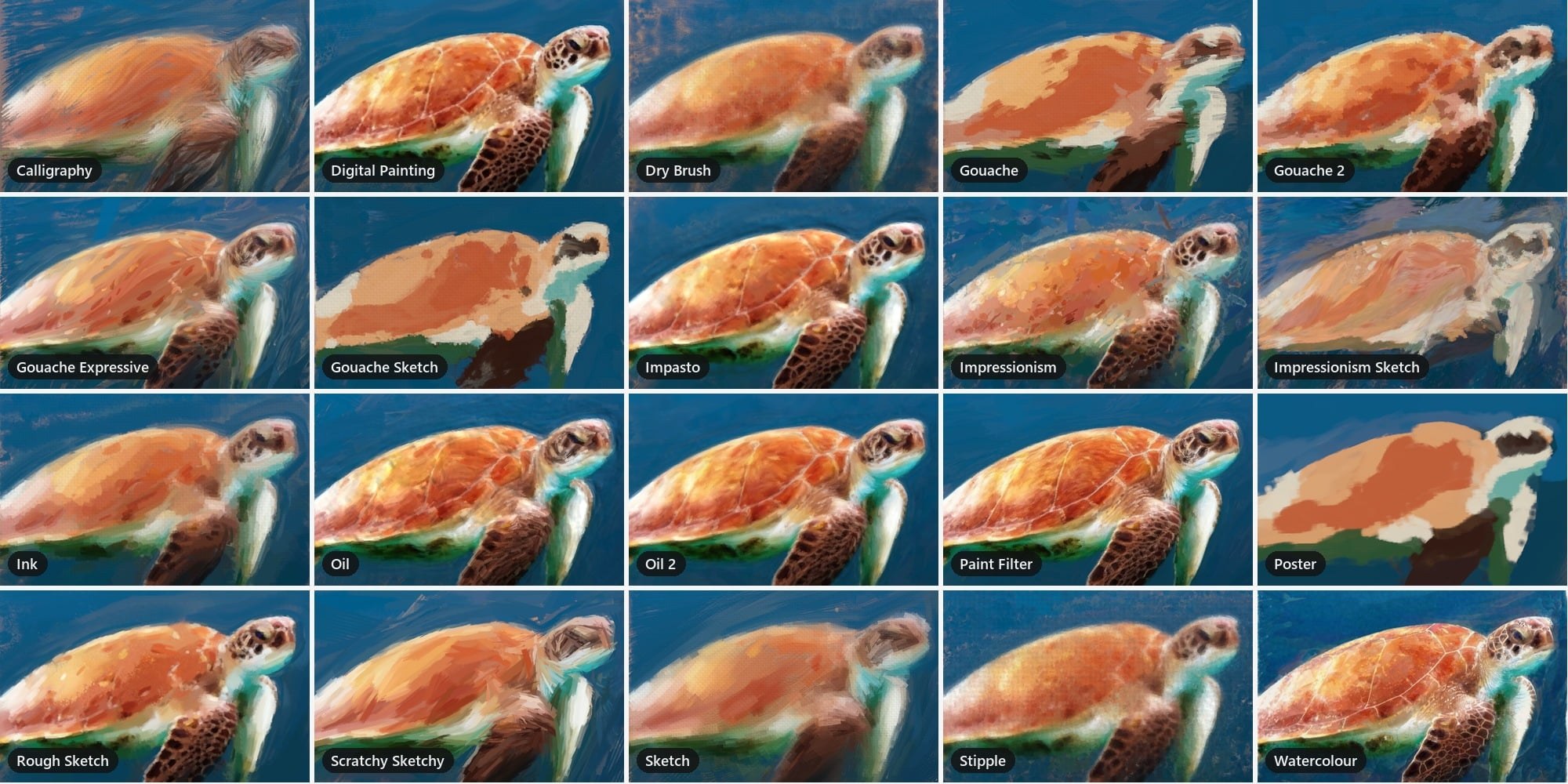 ウミガメの写真を20種類のルックで塗った見本を4行5列に並べた一覧