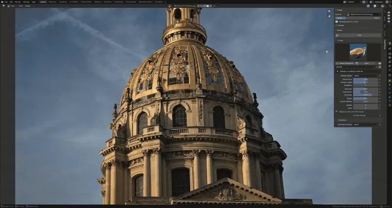 Blenderの画像エディターで、ドームの建物の写真に筆のストロークが大きいものから順に置かれていく様子