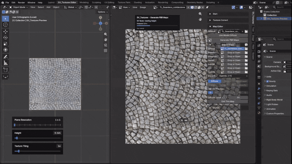 石畳の写真からハイトなどのマップを作り、凹凸の付いた石畳を3Dのプレビューで表示する様子（画像: Tomas Krajcovic）