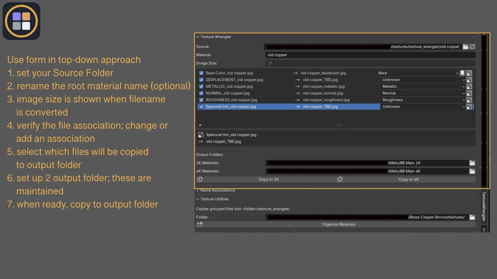 Texture Wranglerのパネル。元フォルダのファイルごとに新しい名前と判定したマップの種類が並び、下に1Kと4Kの出力フォルダがある