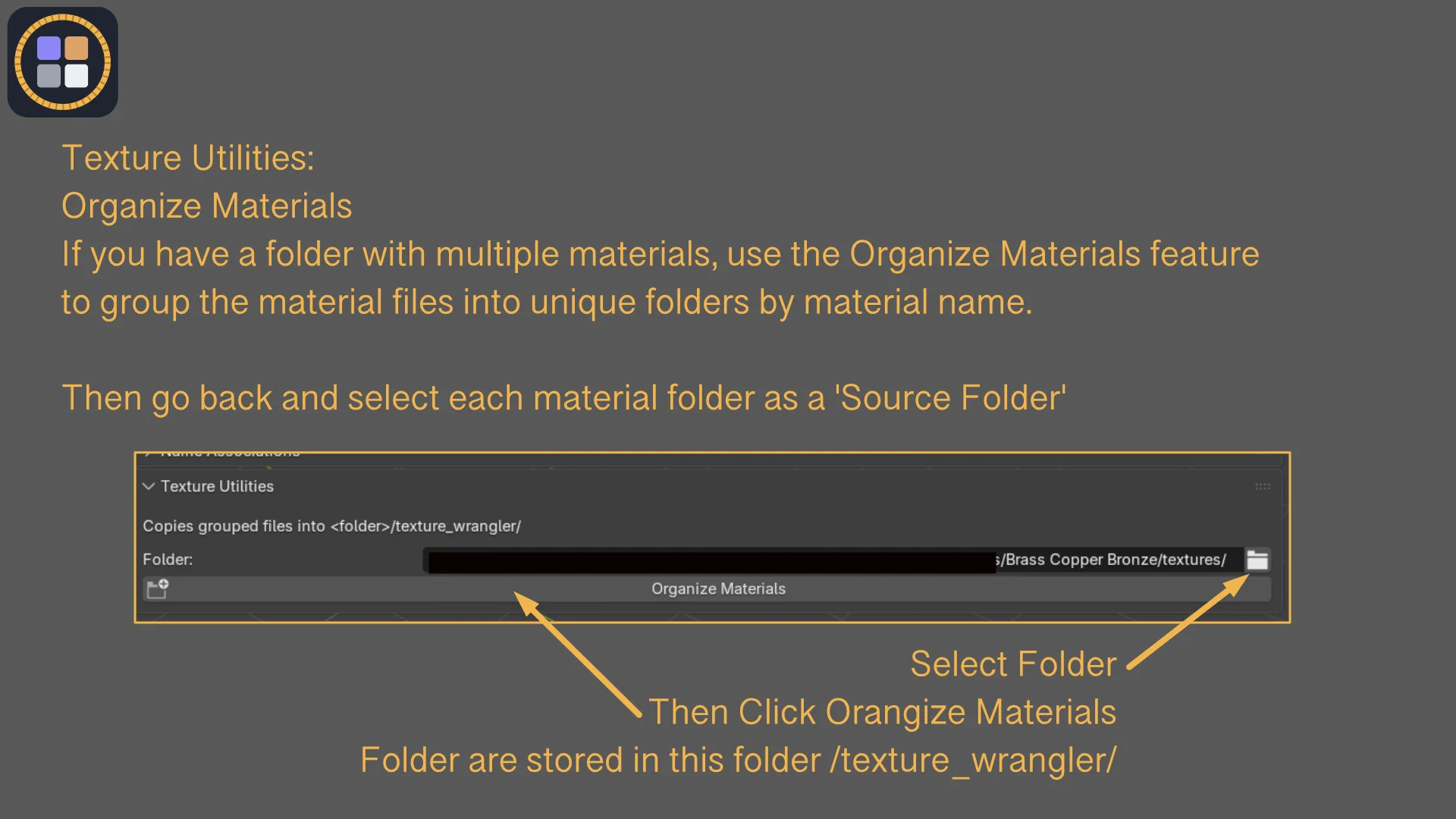 Texture UtilitiesパネルのOrganize Materialsで、フォルダを選んでマテリアルごとに仕分ける説明図