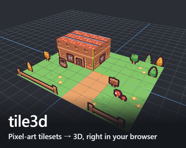 ドット絵のタイルで組んだ家と庭のジオラマに、tile3dのタイトルを重ねた画像