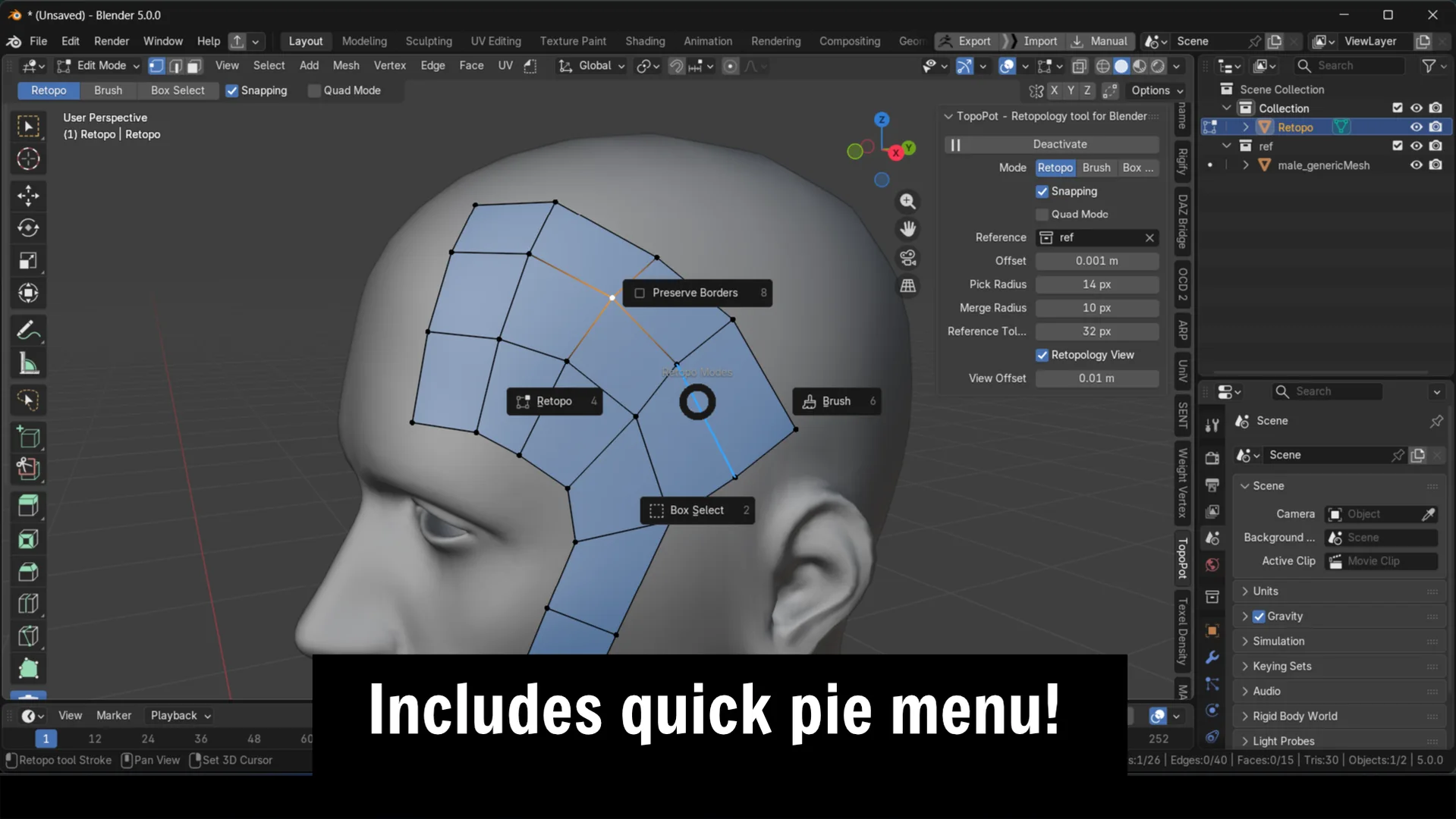 Retopo・Brush・Box Select・Preserve Bordersが並ぶパイメニュー