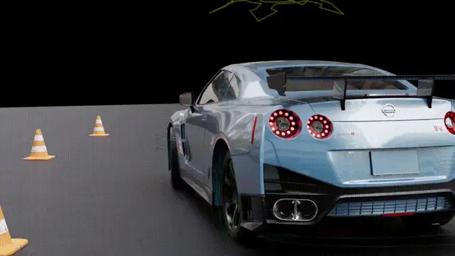 車がカーブに沿って走り、タイヤの跡に煙が残る様子を上から見た画面