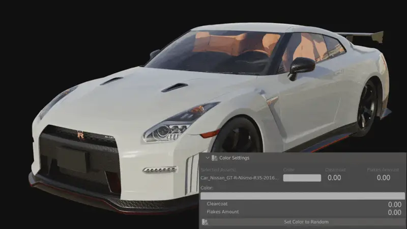 水色のスポーツカーの塗装の色やクリアコートをパネルで変えている画面