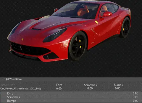 赤いスポーツカーに汚れ・傷・へこみのスライダーで傷みを足していく画面