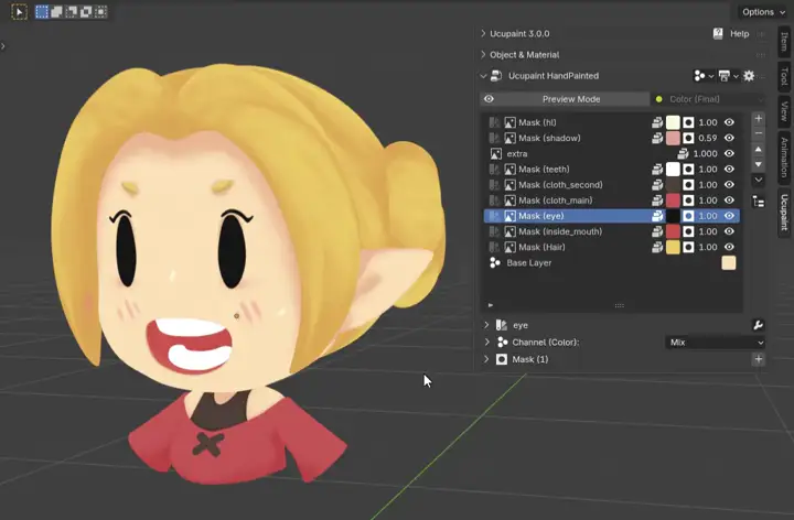 手描き風のキャラクターの頭部に、Hue Saturationの調整レイヤーをかけて色味を変える様子