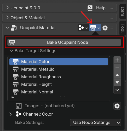ベイクターゲットのポップオーバー。Bake Ucupaint Nodeのボタンと、Material Colorなどのベイクターゲットの一覧
