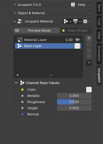 Ucupaint 3.0のパネル。レイヤー一覧にBase Layerがあり、ポップオーバーのボタンからチャンネルの基本の値を開く様子