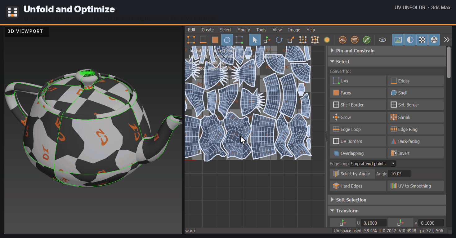 UnfoldとOptimizeでUVを展開し、3Dビューのチェッカーが同時に変わる様子