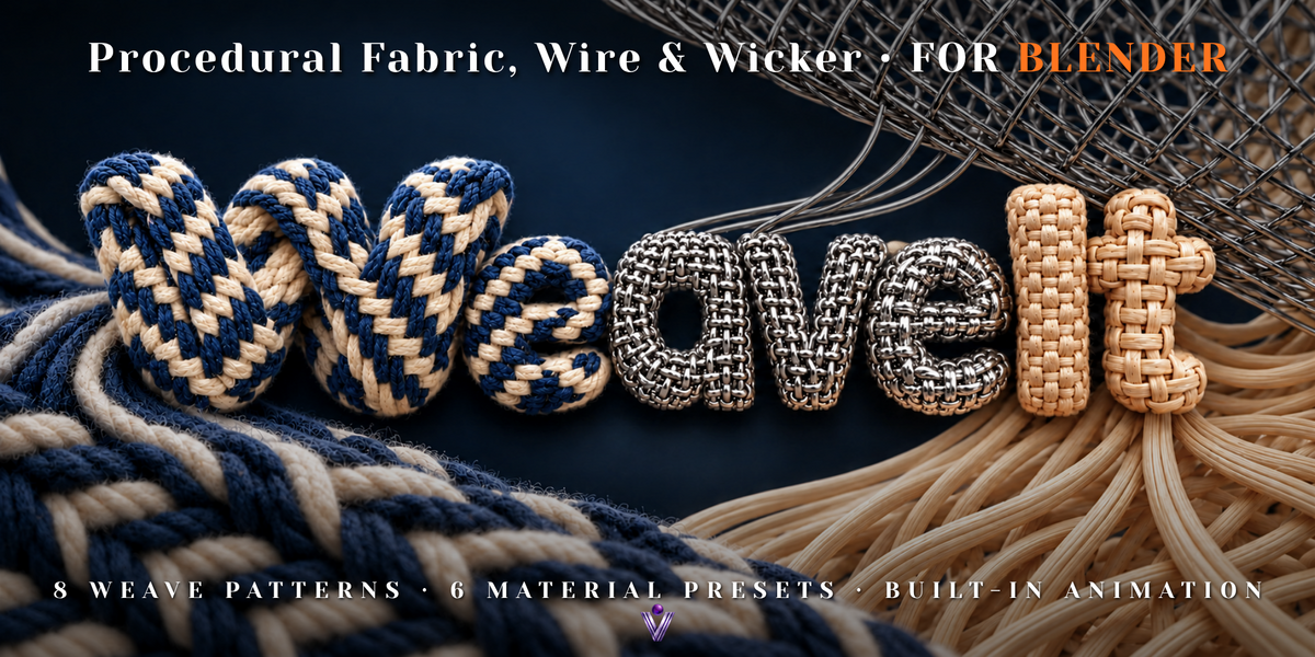 紺とクリームの糸、金属の線、籐の帯で編まれたWeaveItの立体文字と、Procedural Fabric, Wire & Wicker FOR BLENDERの文字
