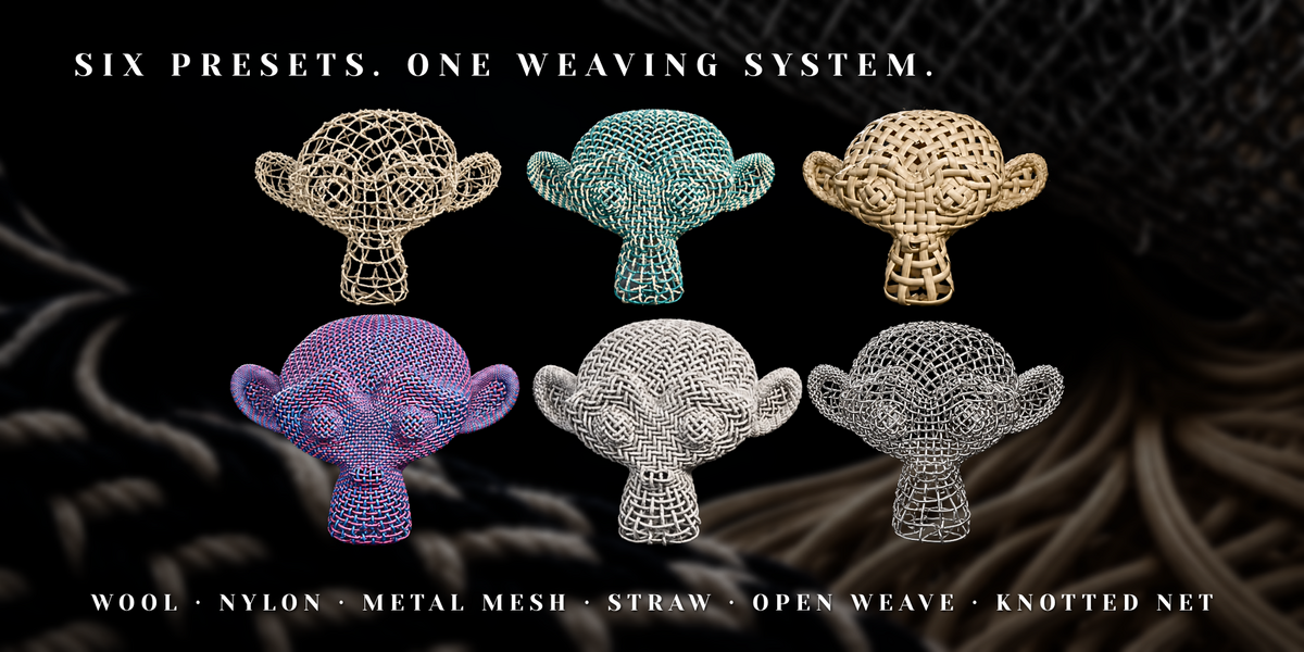 Wool、Nylon、Metal Mesh、Straw、Open Weave、Knotted Netの6種類のプリセットをサルの頭のモデルに巻き付けた見本（画像: Voyde Procedural）