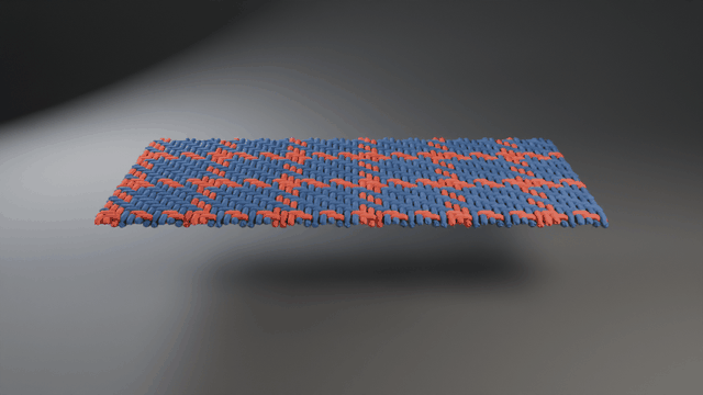 青と赤の糸で織った平らな布が球に巻き付いていくWrap Morphのアニメーション（画像: Voyde Procedural）