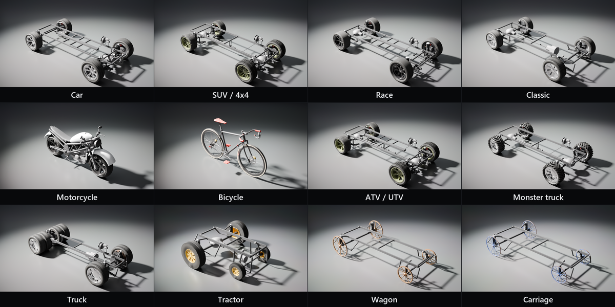 乗用車・SUV・レース・クラシック・バイク・自転車・ATV・モンスタートラック・トラック・トラクター・荷車・馬車のシャシーと車輪のセット(画像: Wheel Gen)
