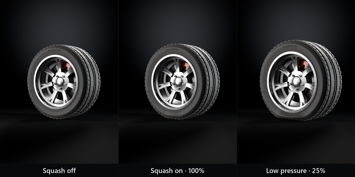 同じタイヤをつぶれなし、つぶれ100%、空気圧25%の3通りで並べた比較(画像: Wheel Gen)