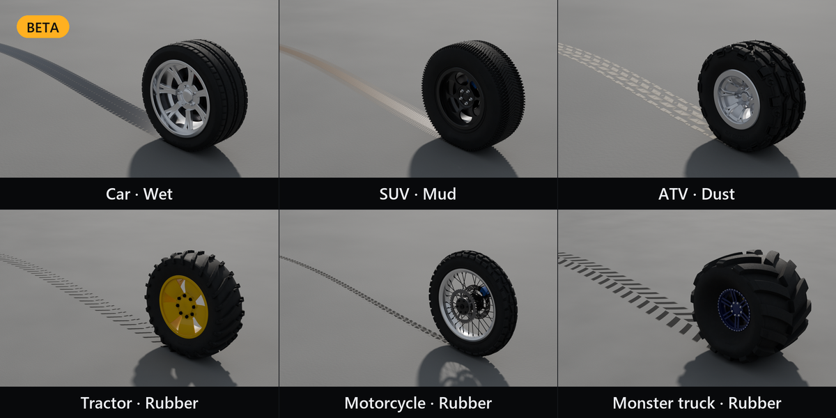乗用車の濡れた跡、SUVの泥、ATVの砂ぼこり、トラクター・バイク・モンスタートラックのゴム跡が地面に残る様子(画像: Wheel Gen)