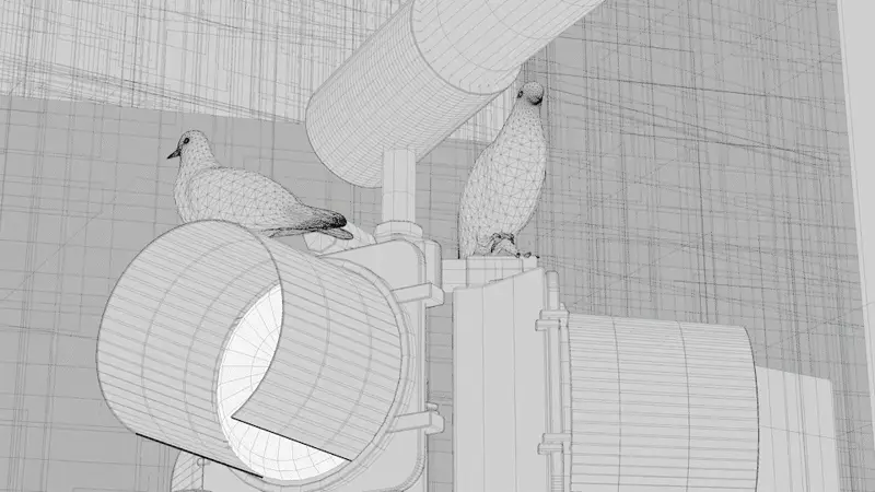 信号機と鳩のワイヤーフレームから、絵画調のレンダーへ切り替わるアニメーション