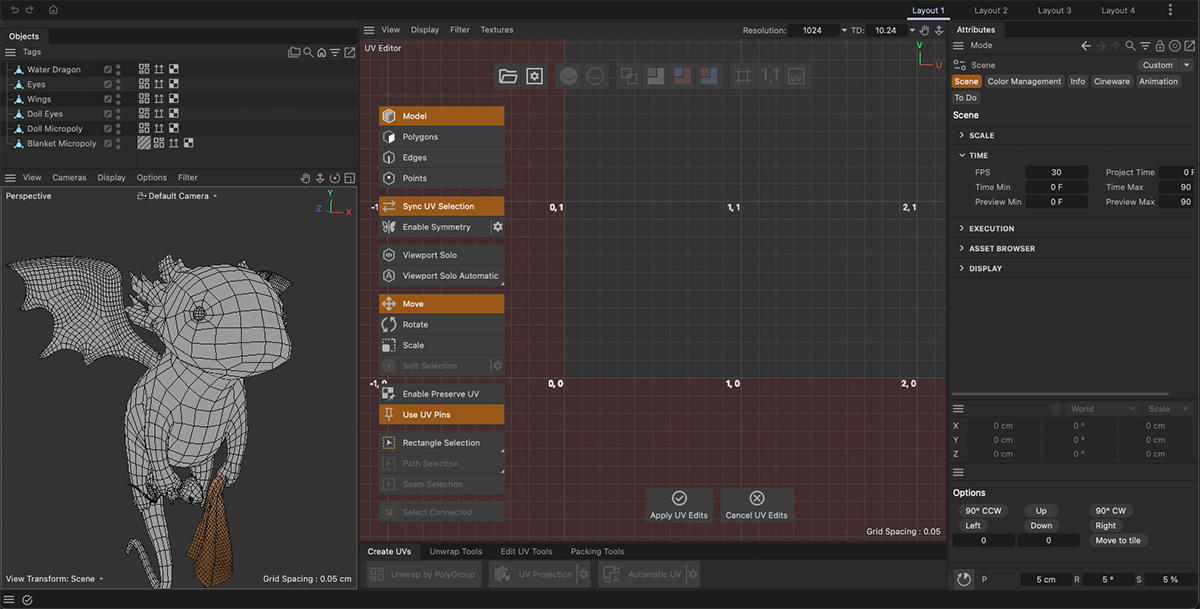 ZBrush 2027のUVエディターの画面。左に3Dビュー、中央にUVビュー、右に属性パネル(画像: Maxon)